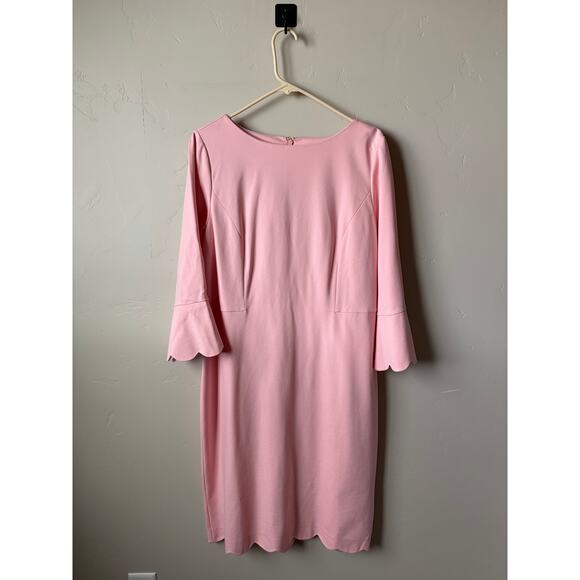 NWT Talbots Pink 3/4 Bell Sleeve Scalloped Hem Ponte Sheath Midi Dress Sz 12 - Picture 5 of 9
